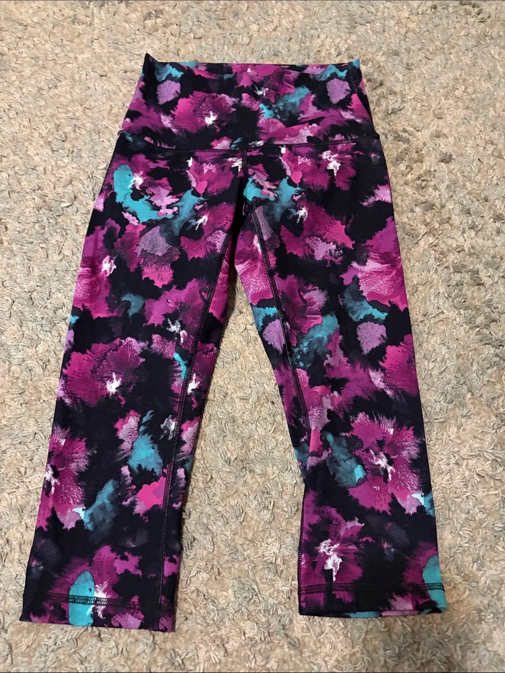 lululemon athletica Girls' Purple Floral Capri Leggings with Teal Accents